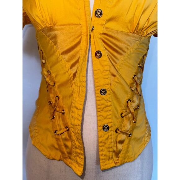 Marciano Women's Yellow Button Up Short Sleeved Corset Blouse Ribbon Tieback XS - Picture 2 of 6